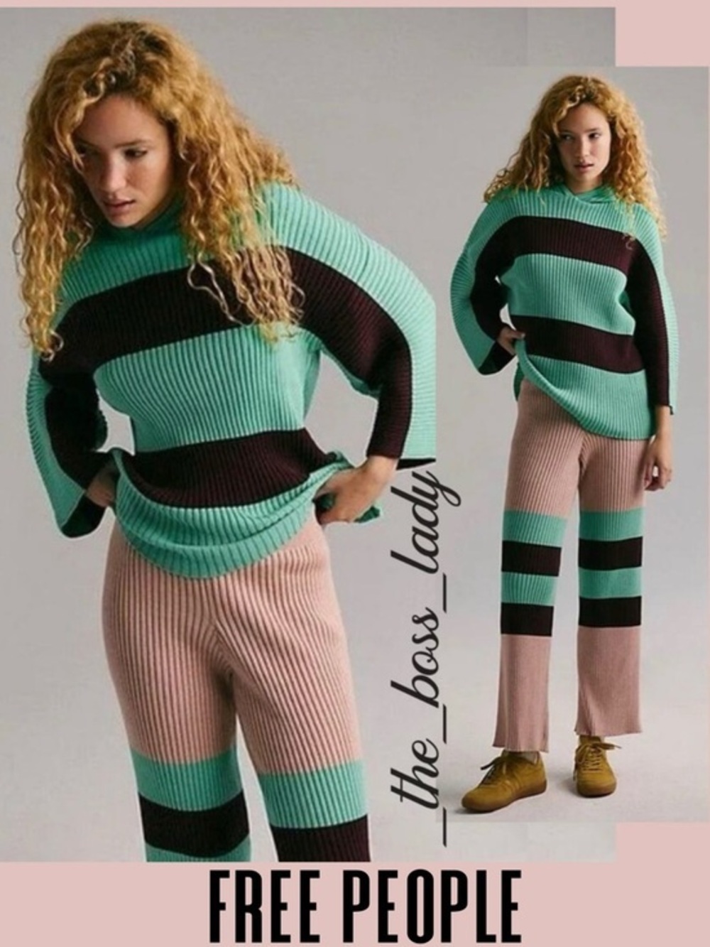 Free People sweater set co-ord matching set pants knit cozy boho XS